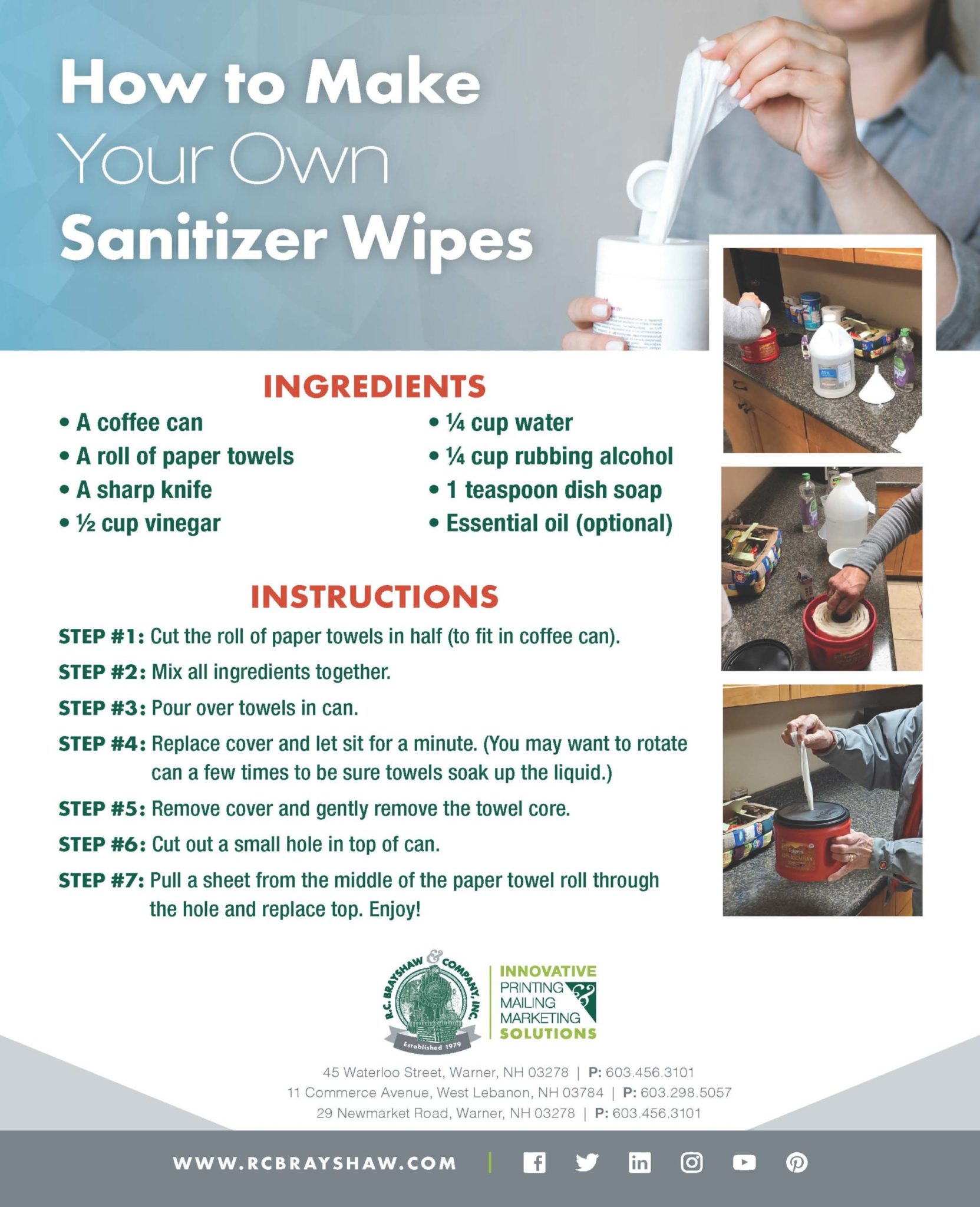 A recipe on how to make your own sanitizer wipes out of common household ingredients.